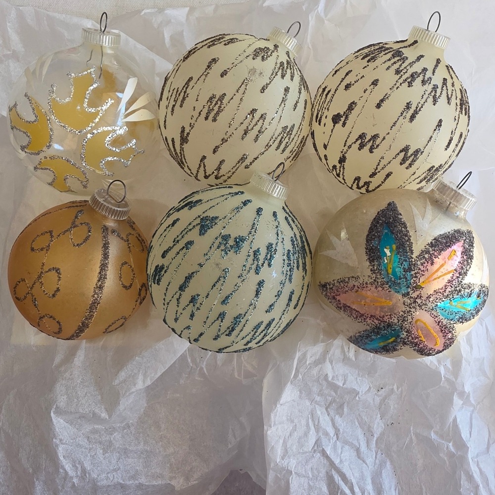 VTG West Germany Glass Christmas Ornaments Glitter Mica MCM D.B.G.M. Lot of 6